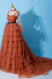 Orange Straps Detachable Illusion Sleeves Multi-Layers Maxi Formal Dress