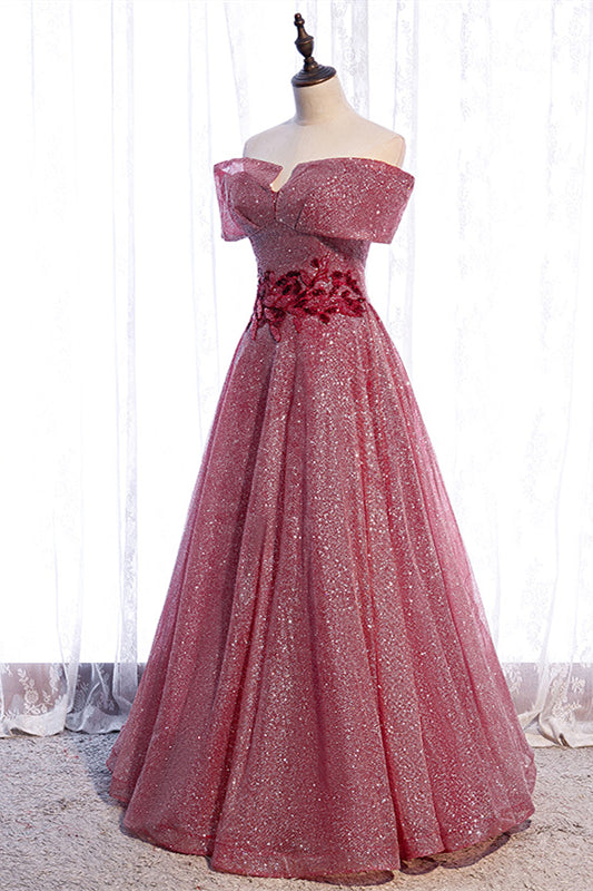 Dusty Pink Off-the-Shoulder Applique Beaded Long Formal Dress