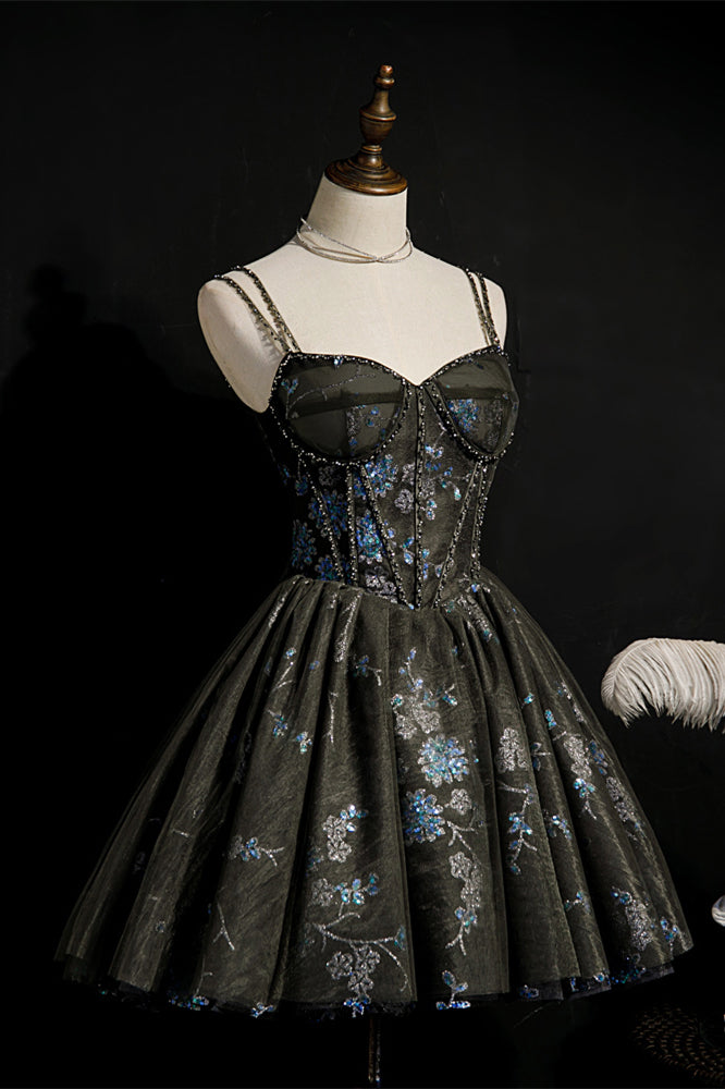Dark Grey Beaded Double Straps Sequins-Embroidered Homecoming Dress Dark Grey / US 10 Dark Grey Beaded Double Straps Sequins-Embroidered Homecoming Dress Dark Grey / US 10
