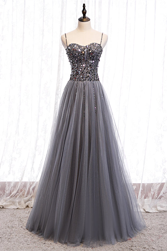 Grey A-line Sweetheart Straps Sequins Top Tulle Maxi Formal Dress