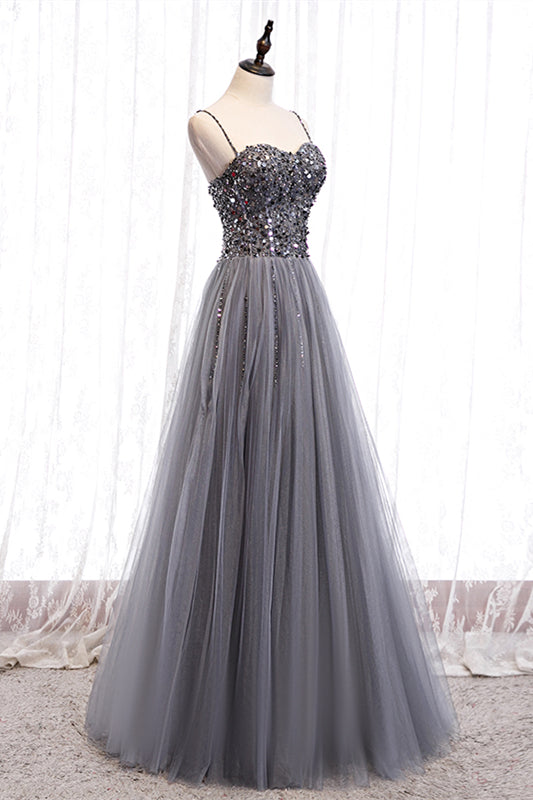 Grey A-line Sweetheart Straps Sequins Top Tulle Maxi Formal Dress