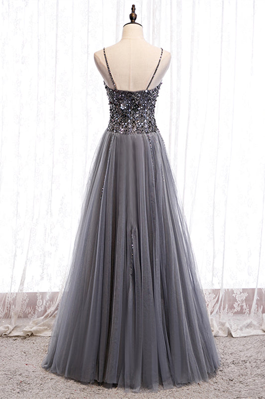 Grey A-line Sweetheart Straps Sequins Top Tulle Maxi Formal Dress