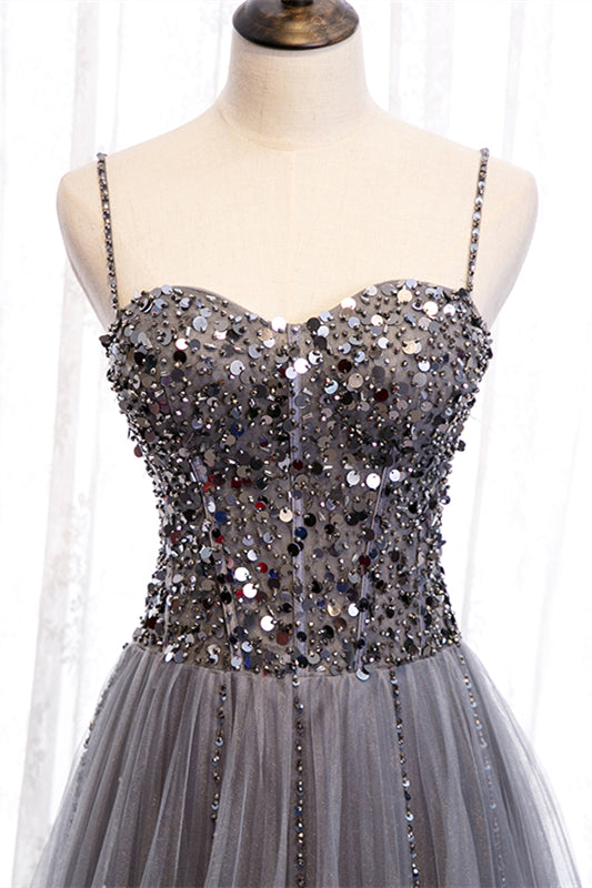 Grey A-line Sweetheart Straps Sequins Top Tulle Maxi Formal Dress
