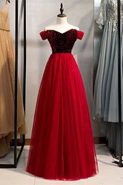 Red A-line Sequins Top Off-the-Shoulder Sweetheart Maxi Formal Dress