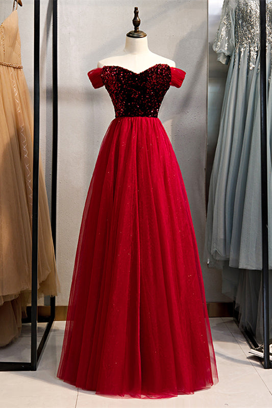 Red A-line Sequins Top Off-the-Shoulder Sweetheart Maxi Formal Dress