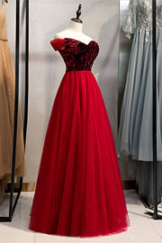 Red A-line Sequins Top Off-the-Shoulder Sweetheart Maxi Formal Dress