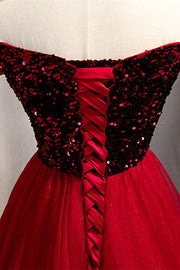 Red A-line Sequins Top Off-the-Shoulder Sweetheart Maxi Formal Dress