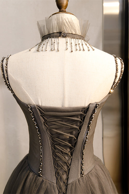 Grey Illusion Neck Beading Ruffle Beaded Double Straps Maxi Formal Dress
