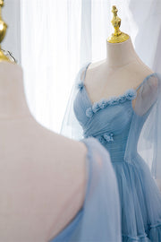 Light Blue V Neck Flaunt Sleeves Flowers Multi-Layers Maxi Formal Dress