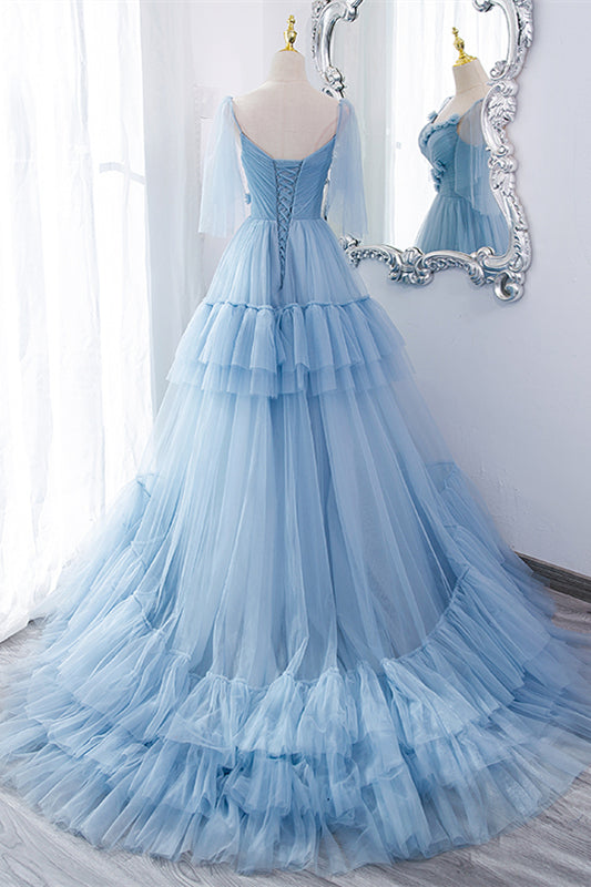 Light Blue V Neck Flaunt Sleeves Flowers Multi-Layers Maxi Formal Dress