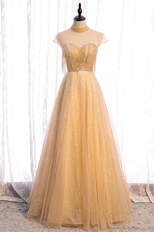 Yellow A-line Beading Illusion Neck Lace-Up Tulle Long Formal Dress