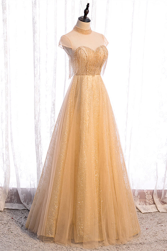 Yellow A-line Beading Illusion Neck Lace-Up Tulle Long Formal Dress