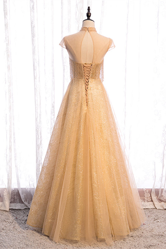 Yellow A-line Beading Illusion Neck Lace-Up Tulle Long Formal Dress