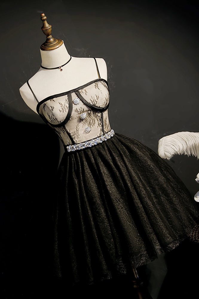 Black Rhinestones Straps Prints Tulle Homecoming Dress