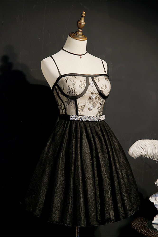 Black Rhinestones Straps Prints Tulle Homecoming Dress