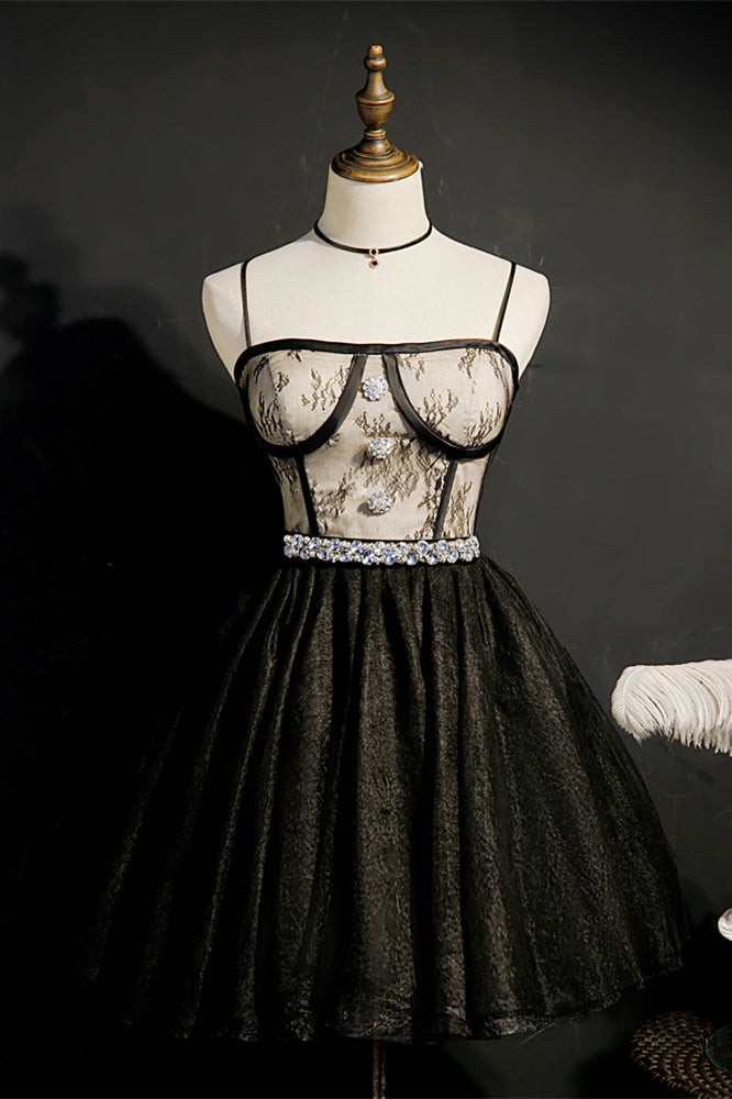 Black Rhinestones Straps Prints Tulle Homecoming Dress