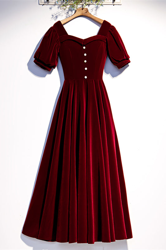 Burgundy A-line Puff Sleeves Folded Neck Tea Length Formal Dress with Button