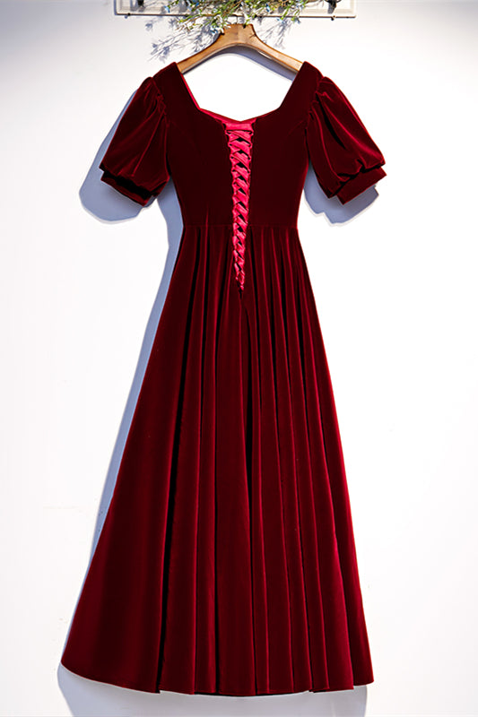 Burgundy A-line Puff Sleeves Folded Neck Tea Length Formal Dress with Button