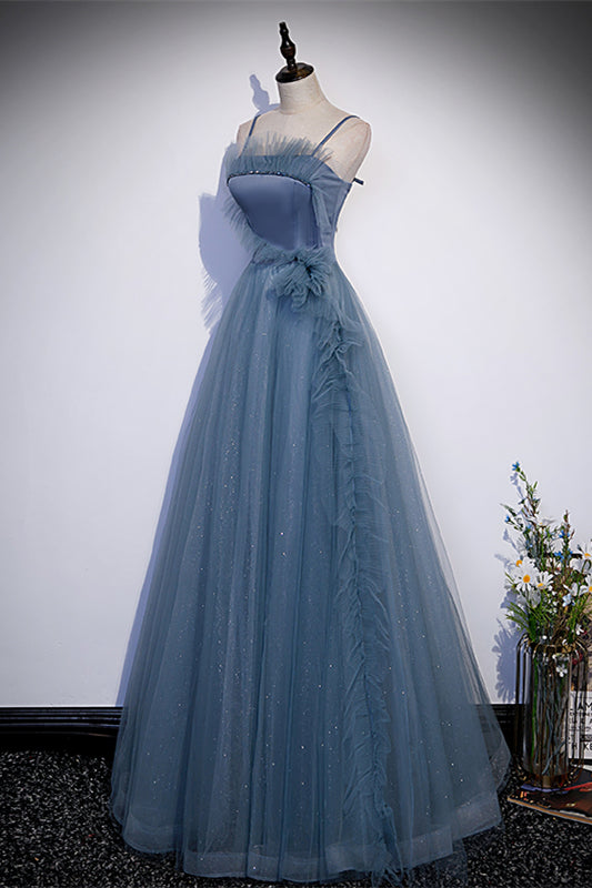 Dusty Blue Straps Beaded Maxi Formal Dress with Cascading Ruffle | Joyofdress Dusty Blue Straps Beaded Maxi Formal Dress with Cascading Ruffle | Joyofdress