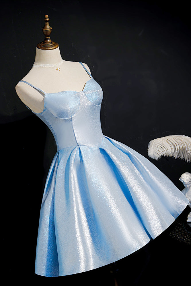 Sky Blue Straps Pleated Homecoming Dress