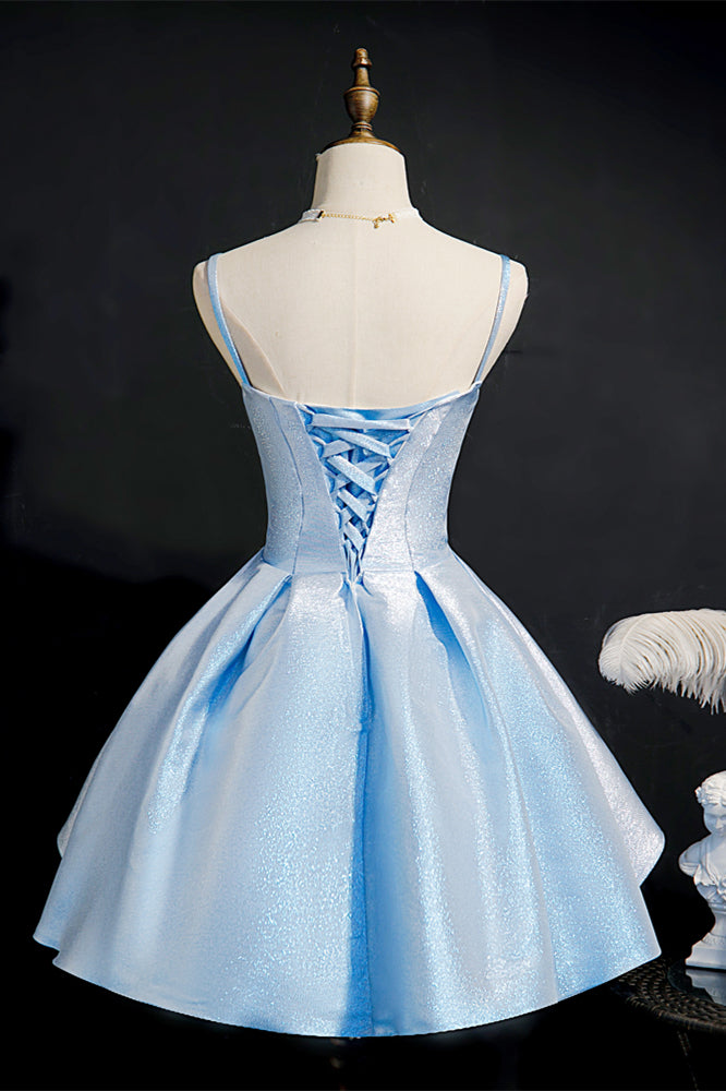 Sky Blue Straps Pleated Homecoming Dress