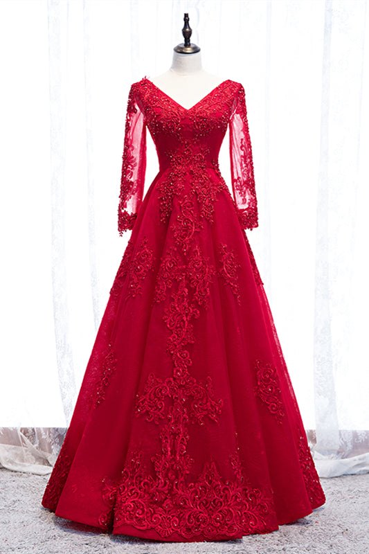 Red V Neck Long Sleeves Beaded Appliques Long Formal Dress