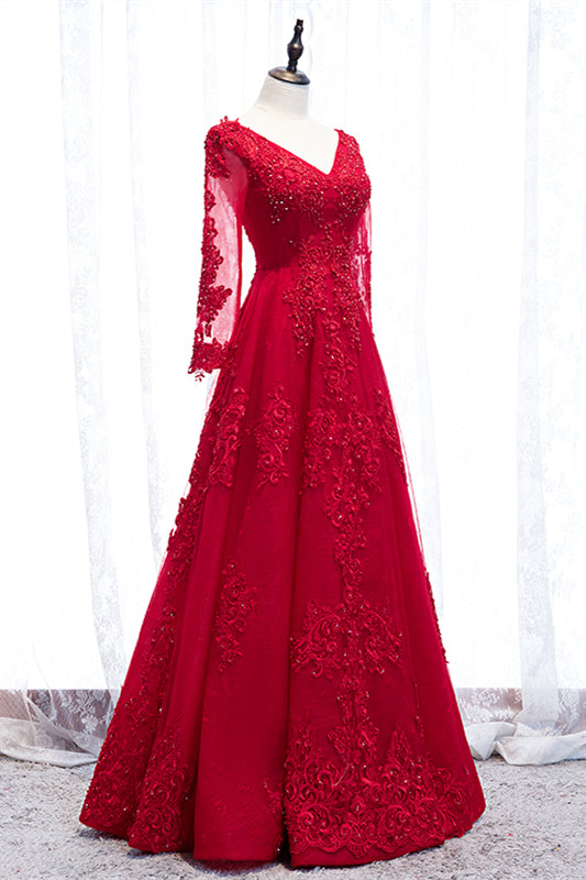 Red V Neck Long Sleeves Beaded Appliques Long Formal Dress