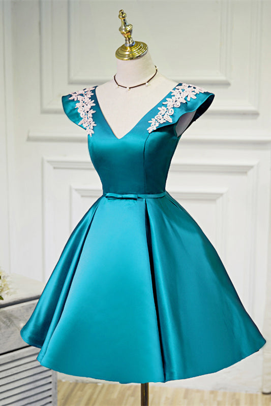 Sky Blue Flutter Sleeves V Neck Appliques Homecoming Dress with Bow
