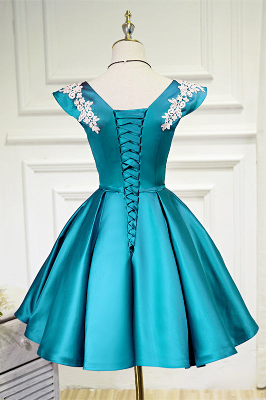 Sky Blue Flutter Sleeves V Neck Appliques Homecoming Dress with Bow