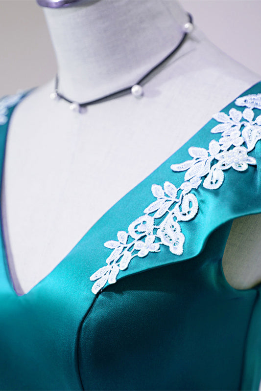Sky Blue Flutter Sleeves V Neck Appliques Homecoming Dress with Bow