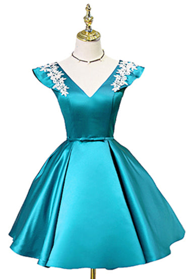 Sky Blue Flutter Sleeves V Neck Appliques Homecoming Dress with Bow