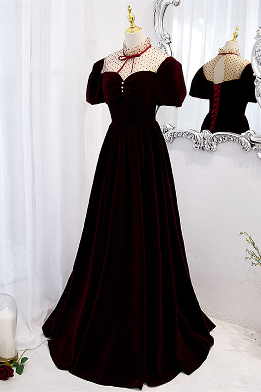 Burgundy Illusion Neck Puff Sleeves Bow Tie Maxi Formal Dress with Buttons