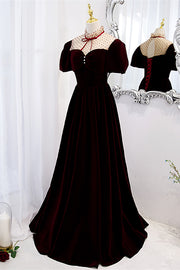 Burgundy Illusion Neck Puff Sleeves Bow Tie Maxi Formal Dress with Buttons
