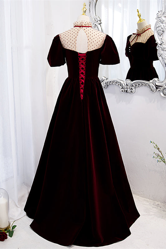 Burgundy Illusion Neck Puff Sleeves Bow Tie Maxi Formal Dress with Buttons
