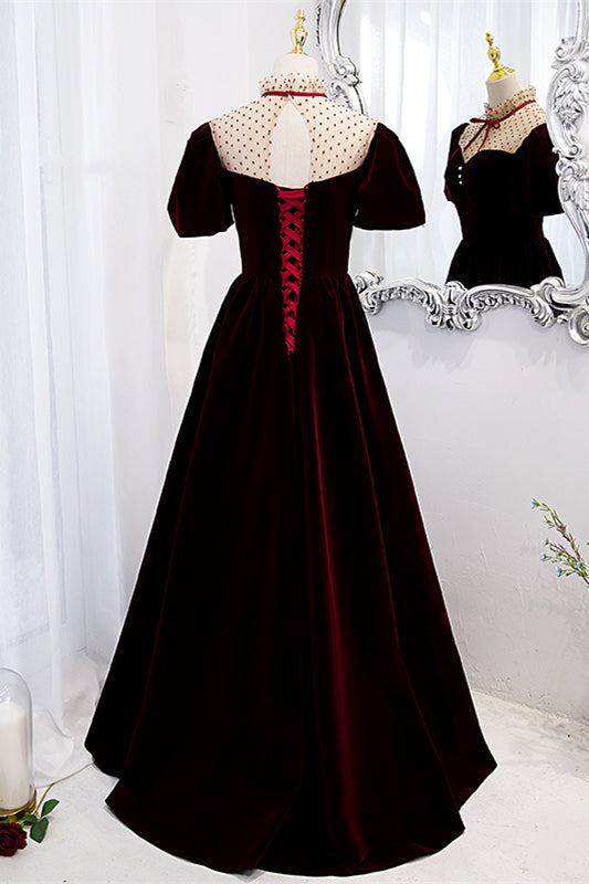 Burgundy Illusion Neck Puff Sleeves Bow Tie Maxi Formal Dress with But Burgundy Illusion Neck Puff Sleeves Bow Tie Maxi Formal Dress with But