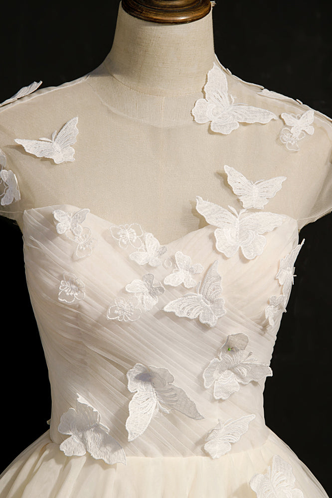 Ivory Pleated Illusion Neck Butterflies Homecoming Dress