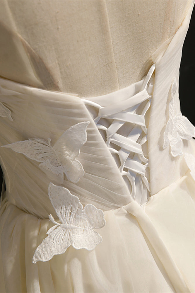 Ivory Pleated Illusion Neck Butterflies Homecoming Dress