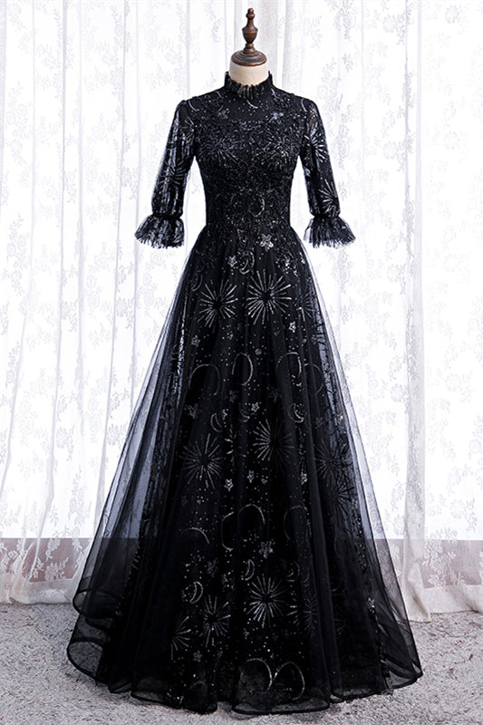 Black High Neck Long Sleeves Beading-Embroidered Long Formal Dress