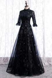Black High Neck Long Sleeves Beading-Embroidered Long Formal Dress