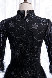 Black High Neck Long Sleeves Beading-Embroidered Long Formal Dress