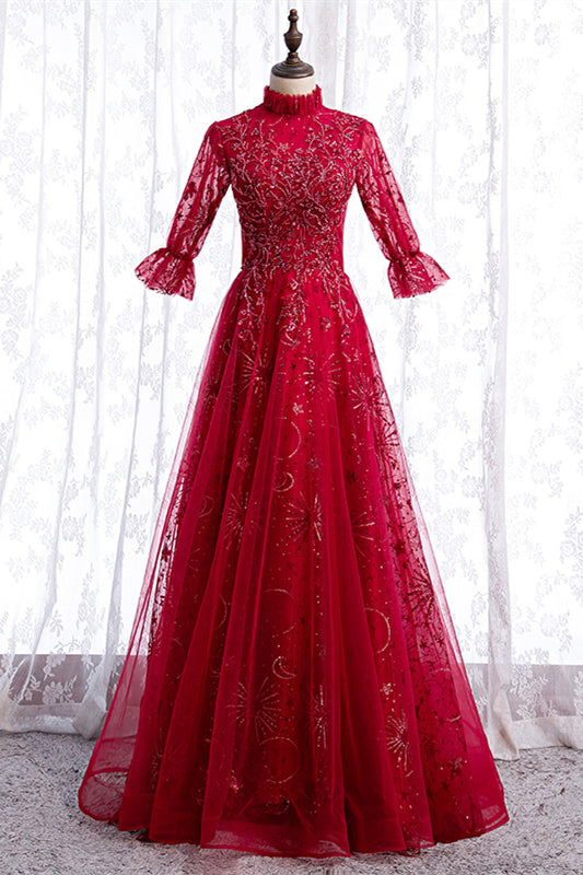 Red High Neck Long Sleeves Beading-Embroidered Long Formal Dress