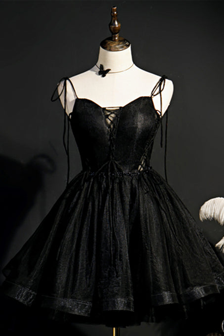Black Bow Tie Shoulder Beaded Lace-Up Neck Homecoming Dress