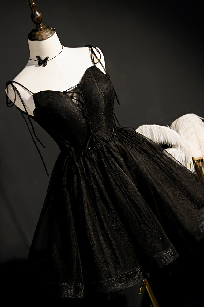 Black Bow Tie Shoulder Beaded Lace-Up Neck Homecoming Dress