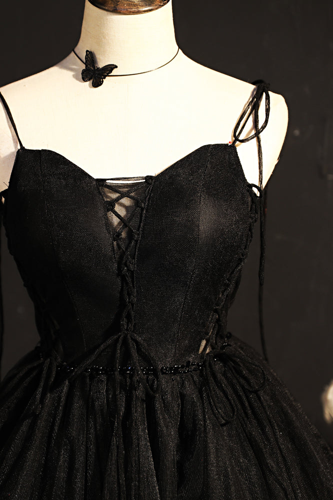 Black Bow Tie Shoulder Beaded Lace-Up Neck Homecoming Dress