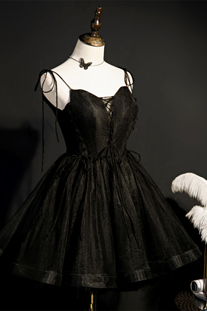 Black Bow Tie Shoulder Beaded Lace-Up Neck Homecoming Dress