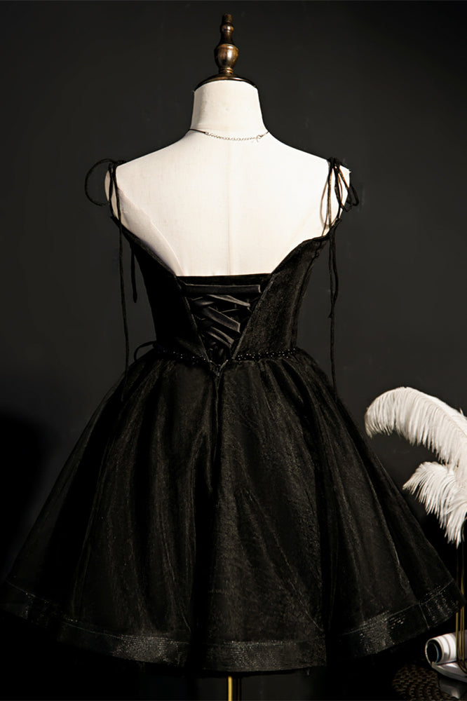 Black Bow Tie Shoulder Beaded Lace-Up Neck Homecoming Dress