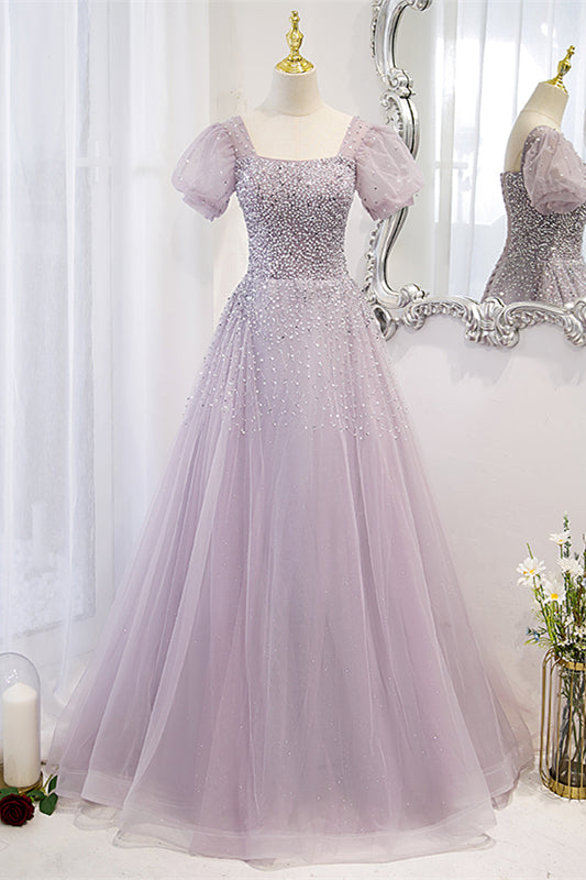 Light Purple Square Neck Sleeves Beaded Maxi Formal Dress