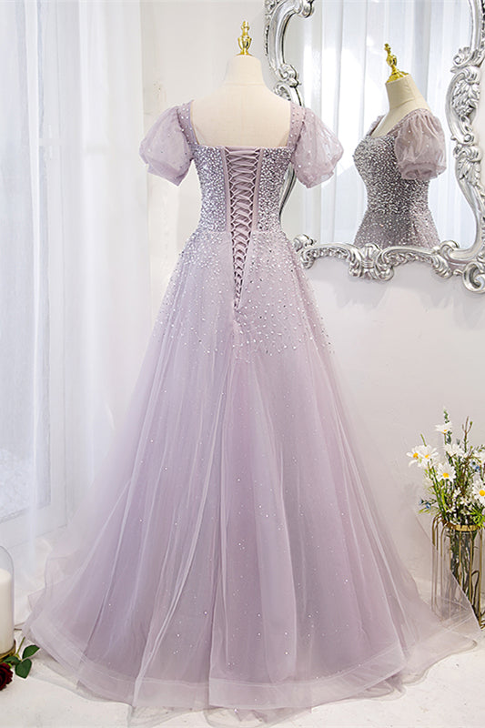 fitted lace wedding dress Light Purple Square Neck Sleeves Beaded Maxi Formal Dress