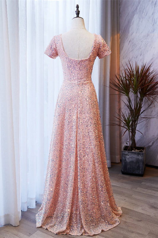Pink A-line Square Neck Sleeves Sequins Long Formal Dress