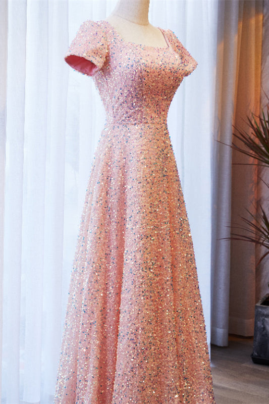 Pink A-line Square Neck Sleeves Sequins Long Formal Dress